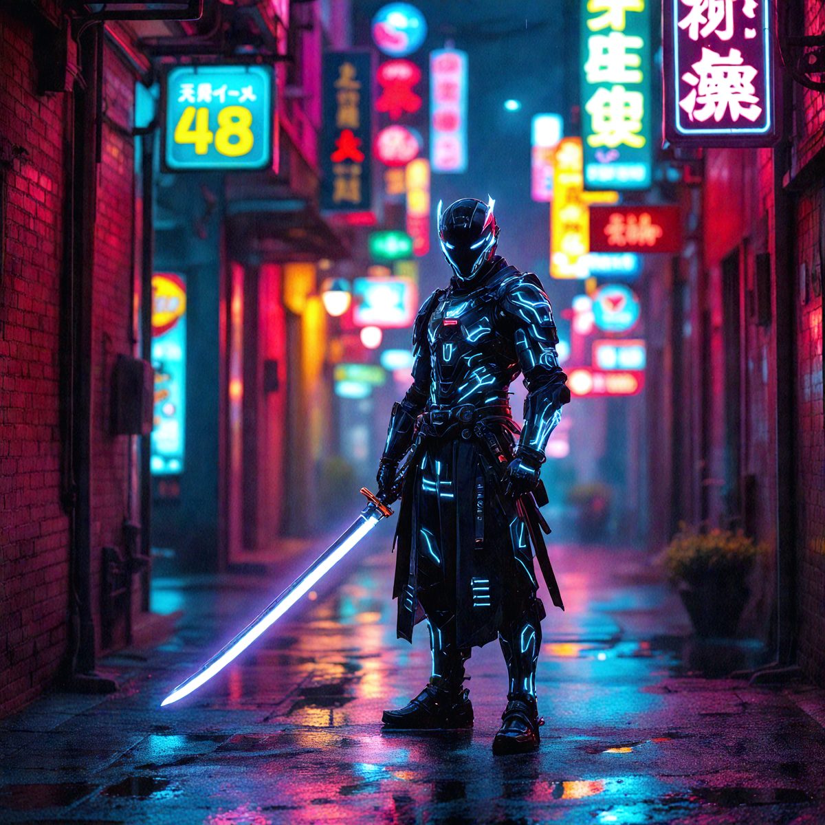 The primary subject of the image is a man dressed in a futuristic outfit, standing on a rain-soaked street. The setting is a city street with neon lights and signs, creating a vibrant and lively atmosphere. The visual style of the image is a combination of photo and digital art, giving it a unique and captivating appearance. The dominant colors in the image are blue and red, which are prevalent in the neon lights and the man's outfit. The overall mood of the